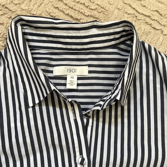 1901 Navy White Striped Button Down Shirt Dress, 100% cotton,  Size 10 - Picture 4 of 13